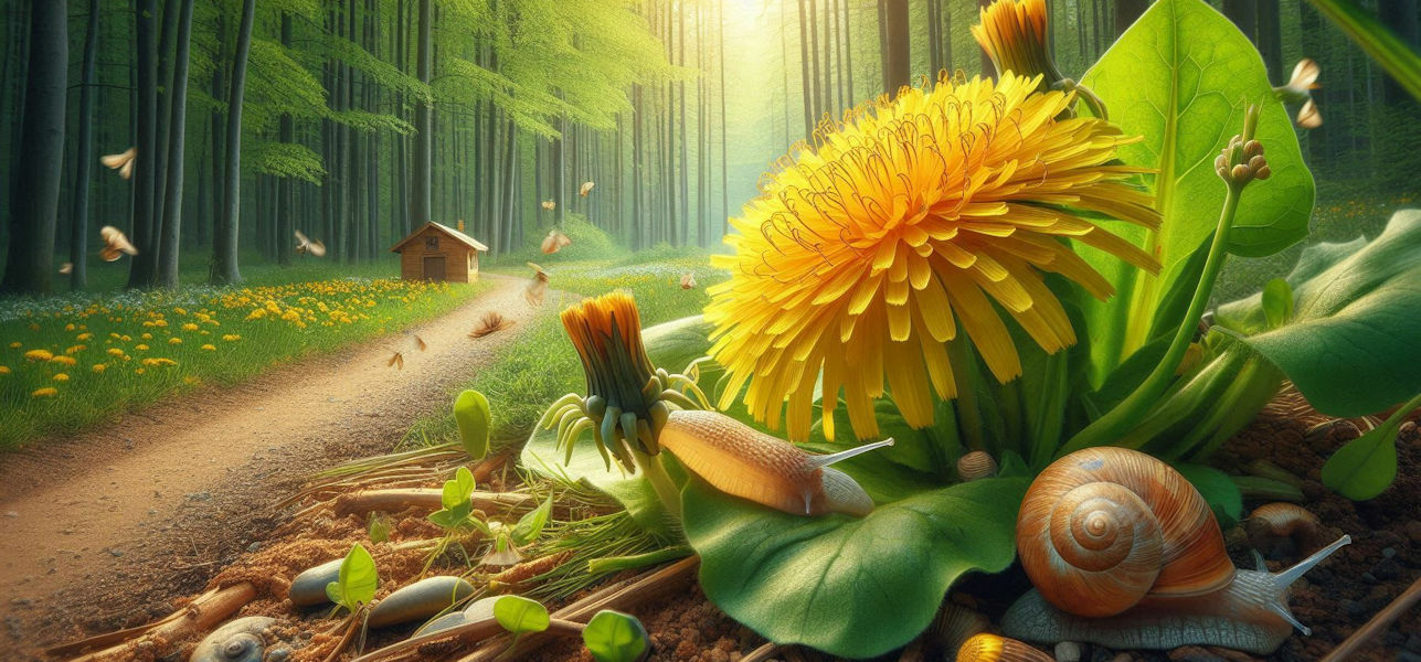 Ein gelber Löwenzahn mit Schnecken neben einem Waldweg. Erstellt mit Office 365° KI Creator