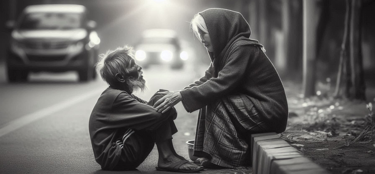 Ein trauriger, geduckter alter Mann vor dem eine tröstende alte Dame sitz. Erstellt mit Office 365° KI Creator