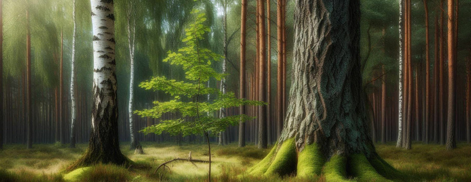 Eine junge Birke in einem lichtdurchflutetem  Wald.  Erstellt mit Office 365° KI Creator